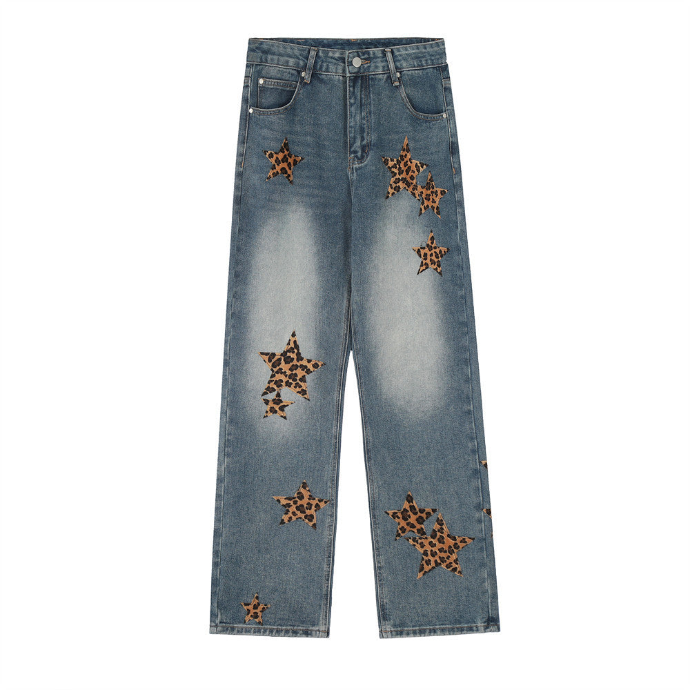 Leopard Star Patch Wide-Leg Jeans – Y2K Statement Denim Leopard Print Five-pointed Star Jeans For Men And Women