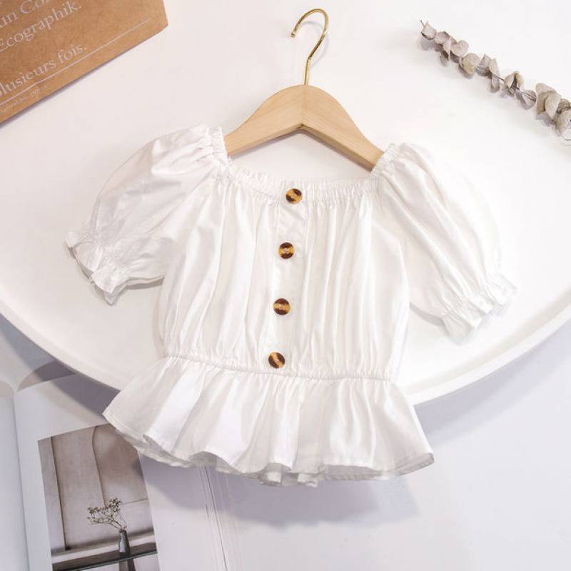 Stylish Toddler Girl Ruffle Hem Blouse | Short Sleeve Button Top Girls' One-shoulder Puff Sleeve Top Korean Style