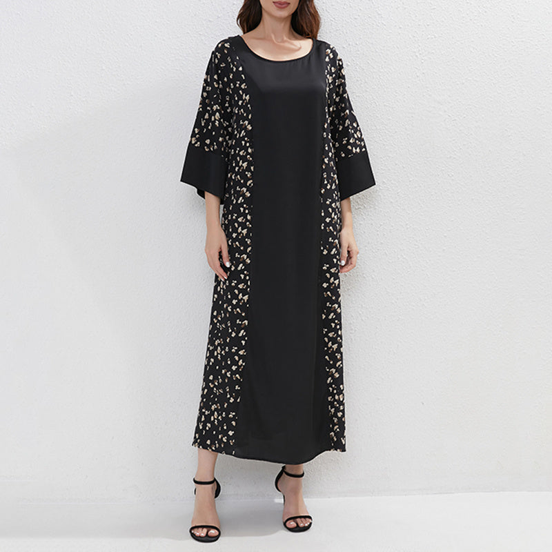 Ethnic Floral Print Tunic Dress With Belt, Middle Eastern Style Muslim Long Dress