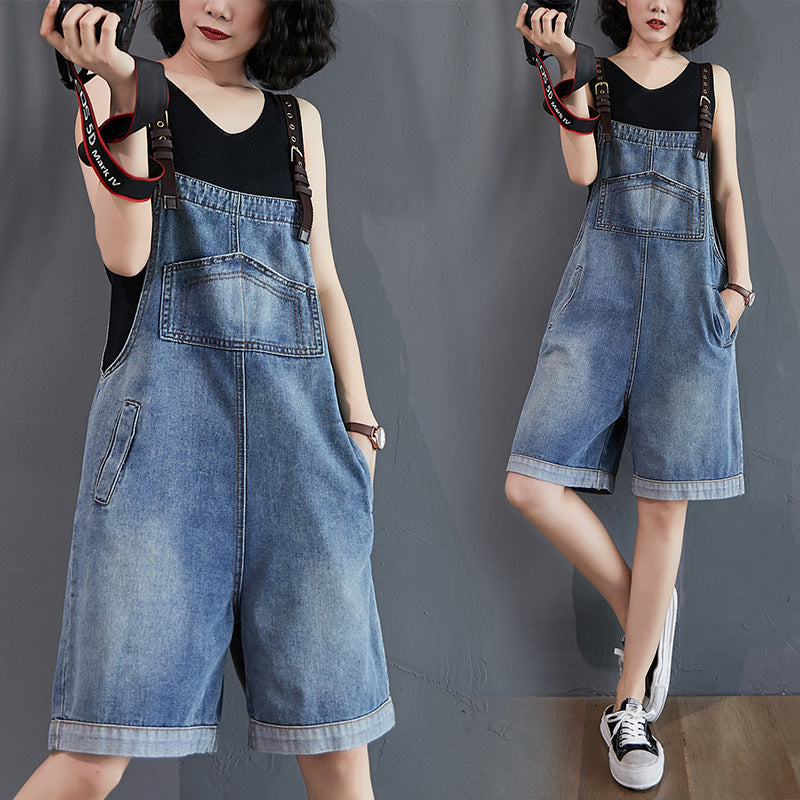 Retro Loose Denim Overalls Shorts For Women's