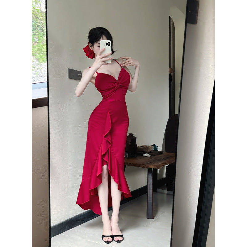Sexy Long Spaghetti-strap Ruffle Bottoming Skinny Dress