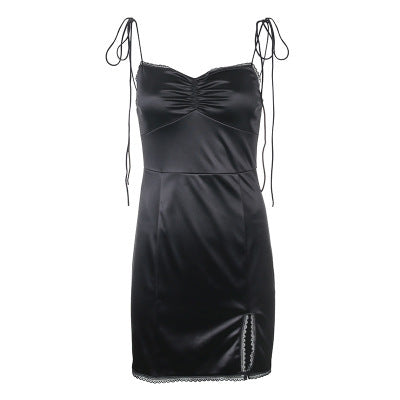 Square collar lace satin split dress