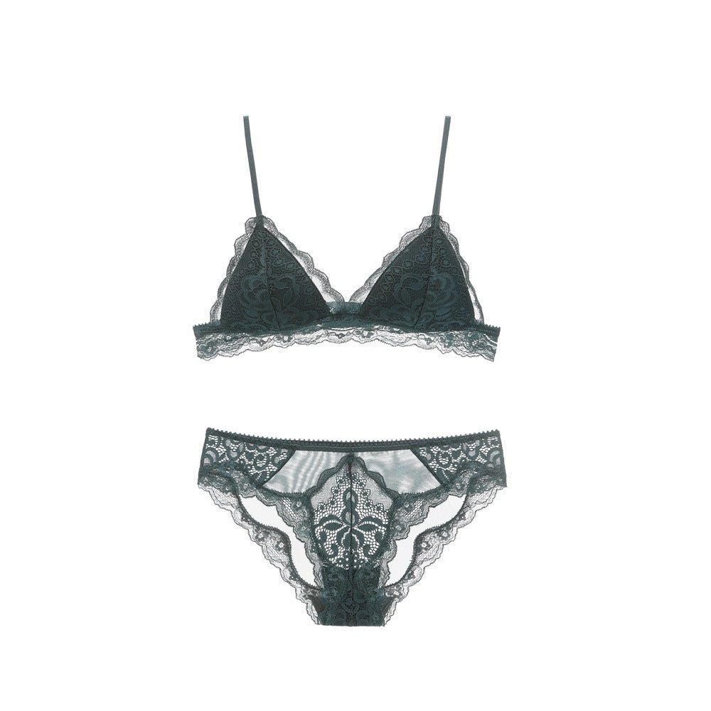 Lace Bralette & Panty Set - Delicate Wireless Lingerie Triangle Cup Bra Set