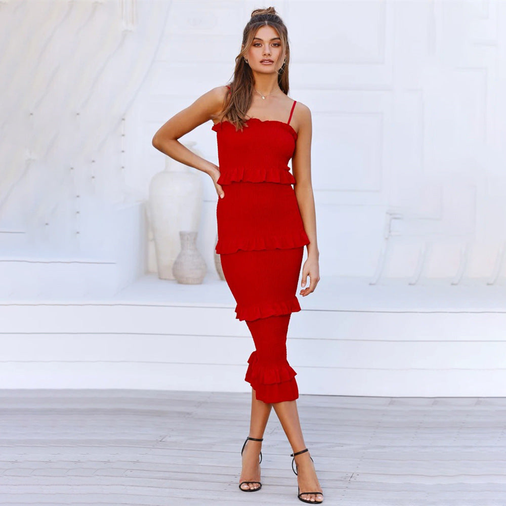 Strap Pleated Cake Dress Maxi Bodycon Dress For Women's