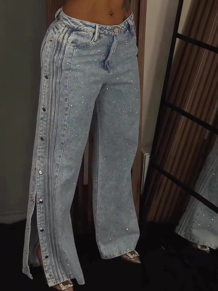 Sparkling Side Snap Jeans | Rhinestone Embellished Slit Hem Denim Button Polyester Rhinestone Fashion Jeans