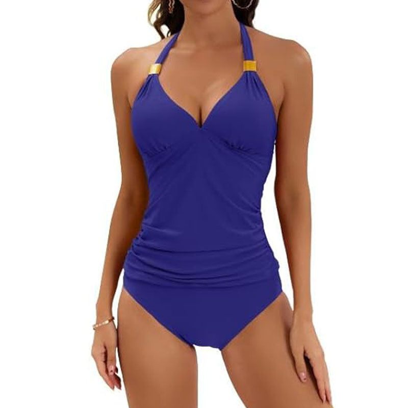 Ruched Elegance Tankini Set – Supportive V-Neck Top & High-Waist Bottoms Women's Pure Color Halter Split Tie Two Piece Swimsuit