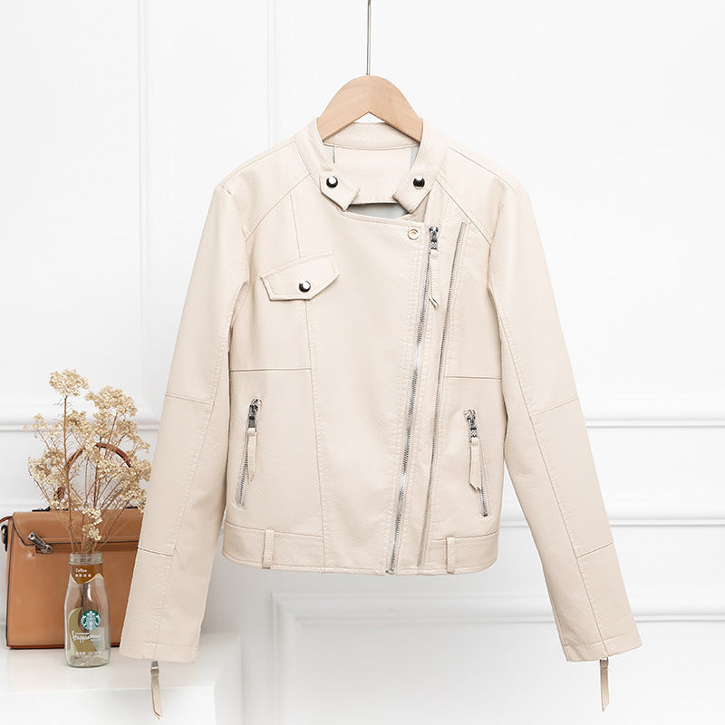 Cream Leather Short Aesthetic Jacket For Women's