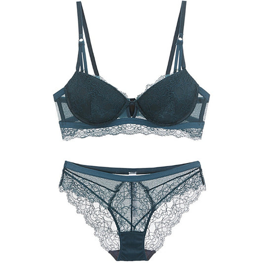 Teal Lace Bra & Panty Set - Sheer Underwire Lingerie Cutout Lace Bra Set