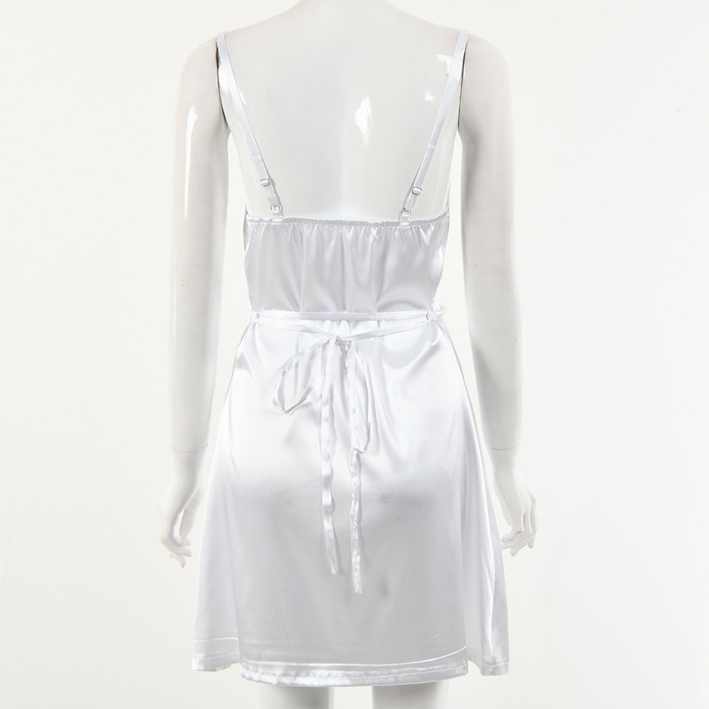 Sexy Cowl Neck Satin Mini Slip Dress Silky drawstring short dress home pajamas