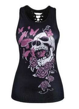 New Women Fitness Sporting Sleeveless Tank Top 3D Flower Skull
