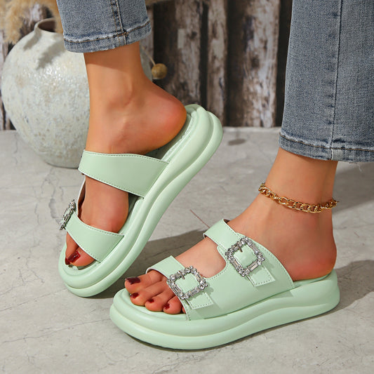 Stylish Open Toe Buckled Summer Sandals Women's Thick-soled Fashion Double-row Diamond Slippers Vacation Beach Shoes