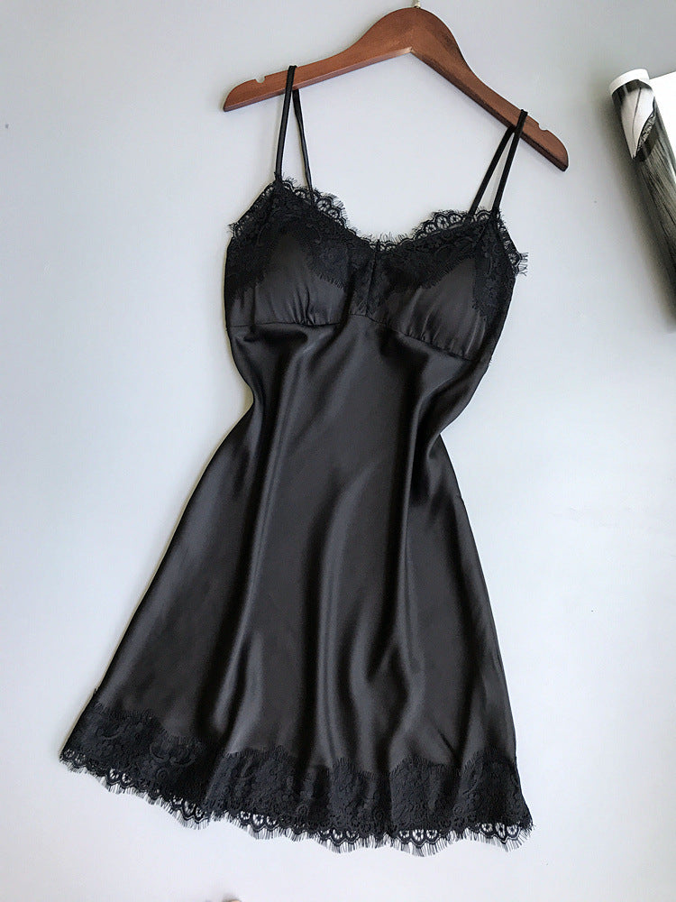 Sexy Satin & Lace Slip Dress Nightgown V-neck Lace Hem Strap Nightdress