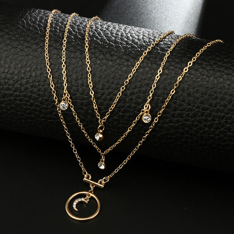 Multi-Layered Gold Chain Necklace with Moon & Crystal Charms Tocona Bohemian Antique Gold Circle Moon Rhinestone Pendant Chokers Necklaces Multi Layer Necklace Collar for Women Jewelry 3294