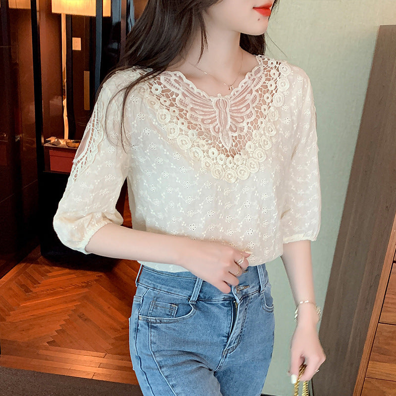 Western Style Top Short Sleeve Lace Bottoming Shirt