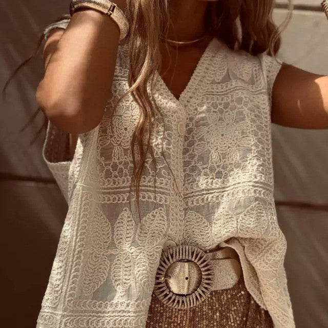 Boho V-neck Vest Lace Embroidered Buckle Cardigan Vest Vacation Top