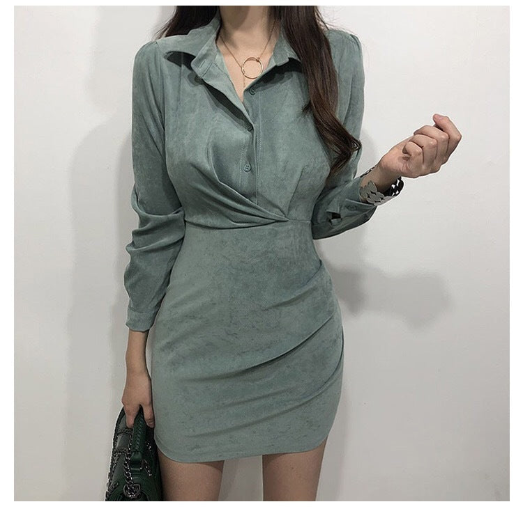 Versatile Button-Up Wrap Front Mini Dress Retro Waist Slim Dress