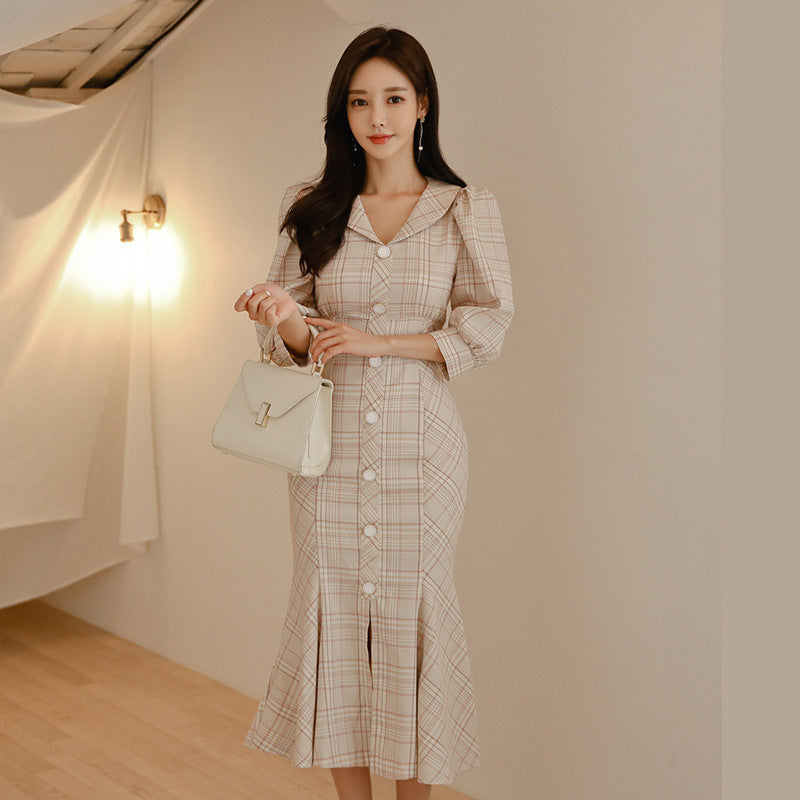 Elegant Beige Button-Front Midi Dress with Mermaid Hem V-neck Ruffle Dress