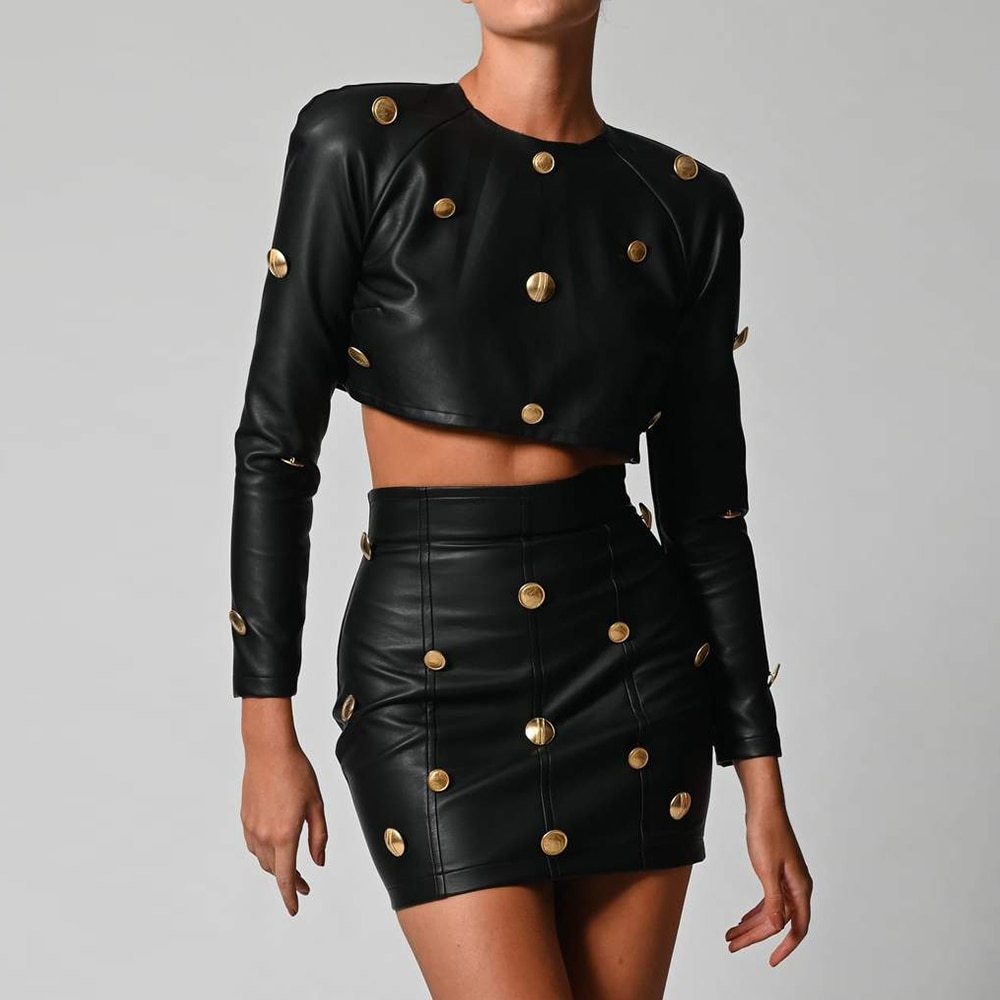 Black Faux Leather Studded Two-Piece Set – Long Sleeve Crop Top & Mini Skirt Long Sleeve Crop Skirt Two-Piece Dress Sexy Fashion Casual