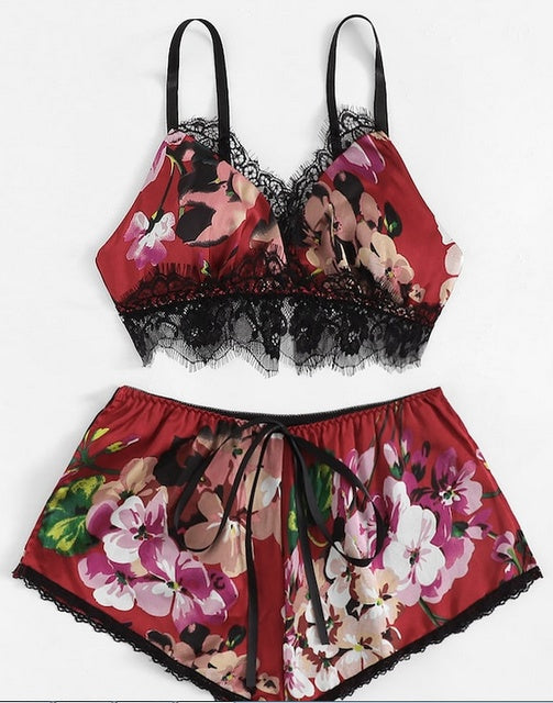 Luxury Satin Lace Sleepwear Set – Soft, Sexy & Stylish Satin underwear bra shorts set