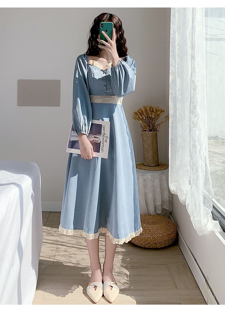 Elegant Vintage Style Long Sleeve Midi Dress French Retro Square Collar Dress