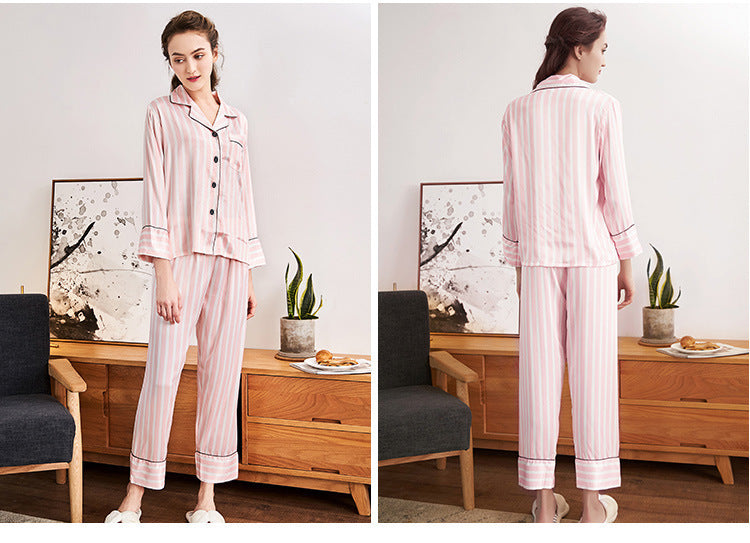 Premium Satin / Silk-Look Pajama Set with Stripe Detail Silk home pajamas set