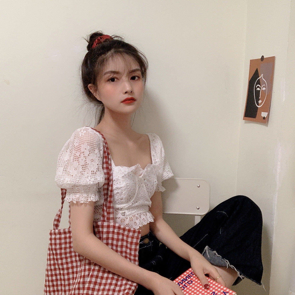Sweet & Chic Embroidered Lace Blouse - Women's Cropped Top Korean style lace puff sleeve short top