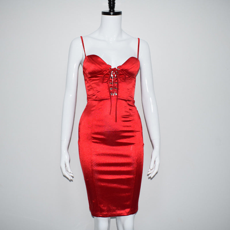 Red Satin Lace Bustier Midi Dress Hip Satin Dress