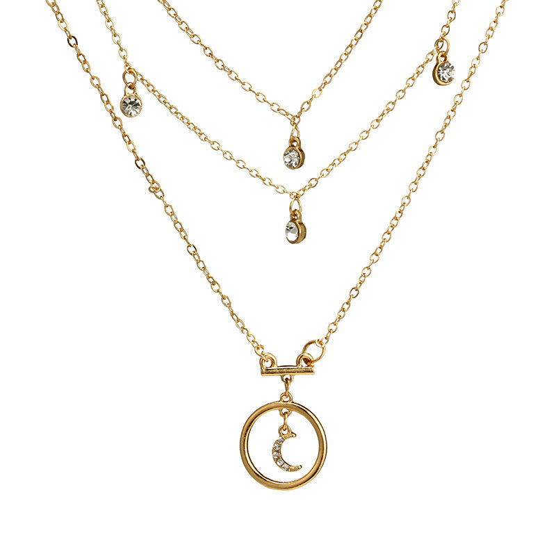 Multi-Layered Gold Chain Necklace with Moon & Crystal Charms Tocona Bohemian Antique Gold Circle Moon Rhinestone Pendant Chokers Necklaces Multi Layer Necklace Collar for Women Jewelry 3294