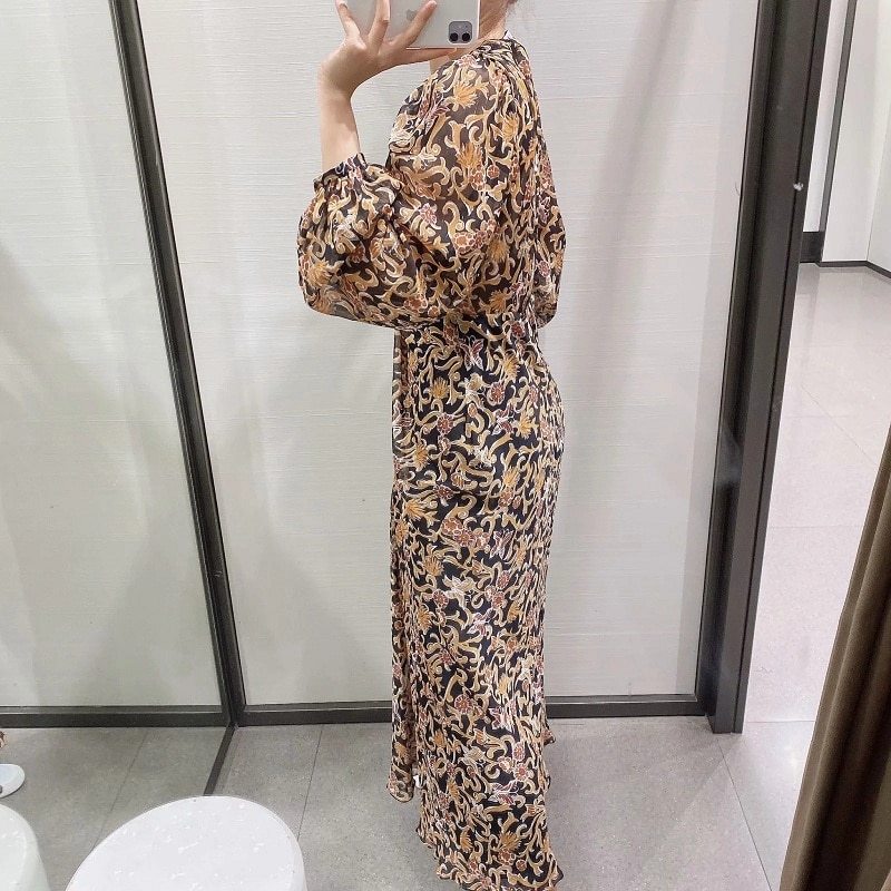 Floral Retro Printed V-neck Long sleeves Tulle Dress Woman vintage Goth Long dress