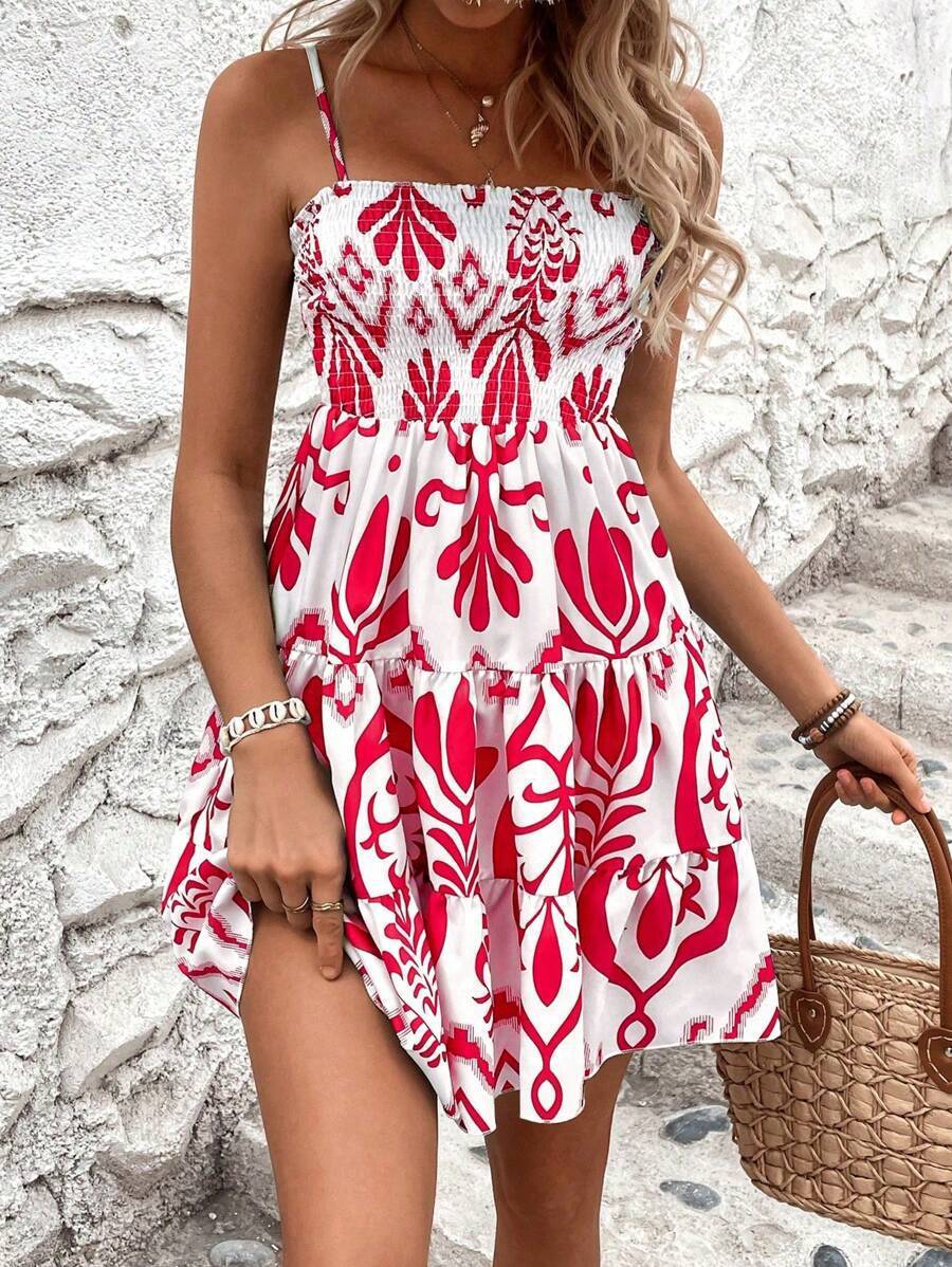 Plant Print Gathered Cami Fashion Dress For Women's