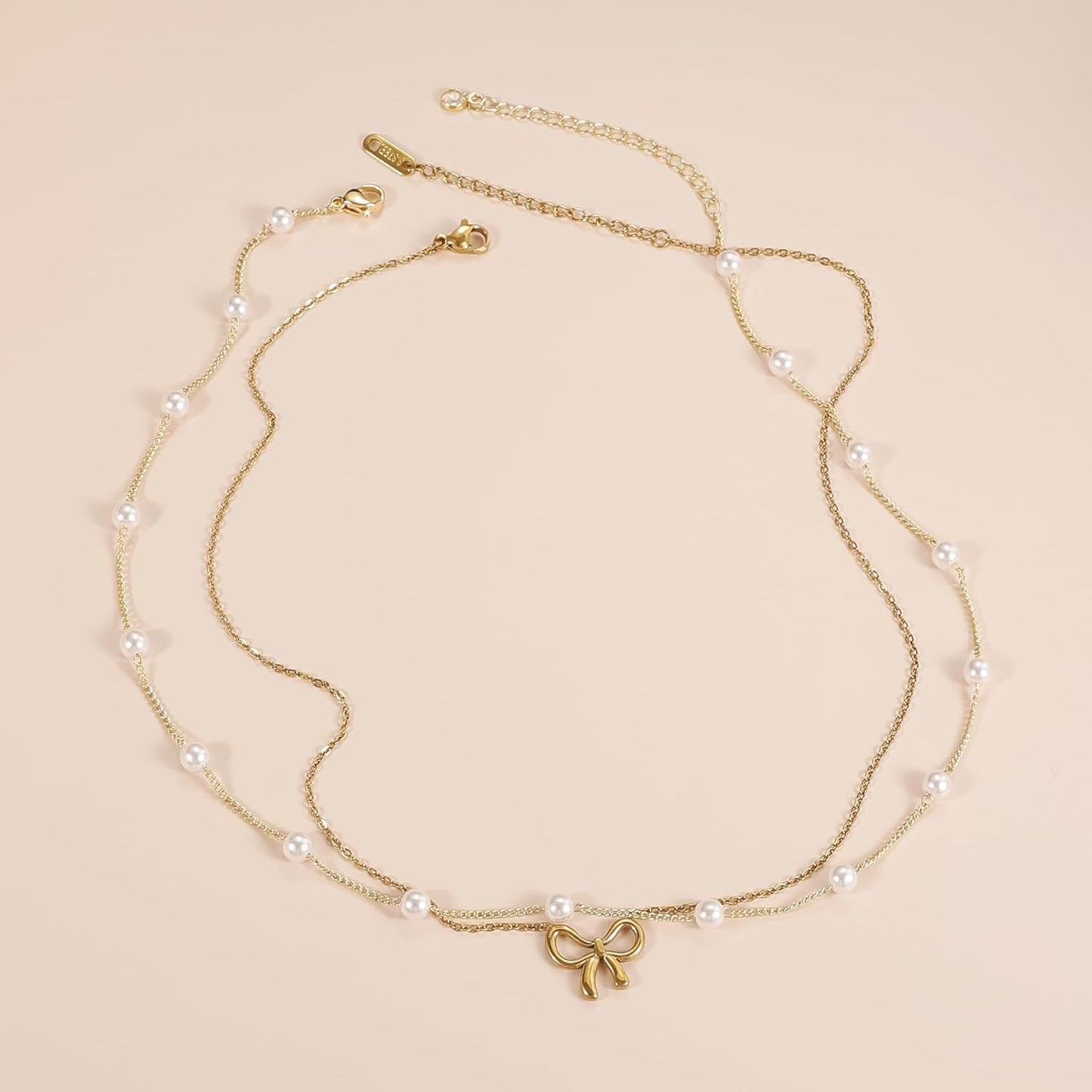 Layered Pearl & Bowknot Pendant Necklace Simple Pearl Double Layer Choker Fashion Gold Color Necklaces Chain Small Bow Pendant Necklace Jewelry Gifts For Women Fashion Jewelry Valentine's Day Gifts
