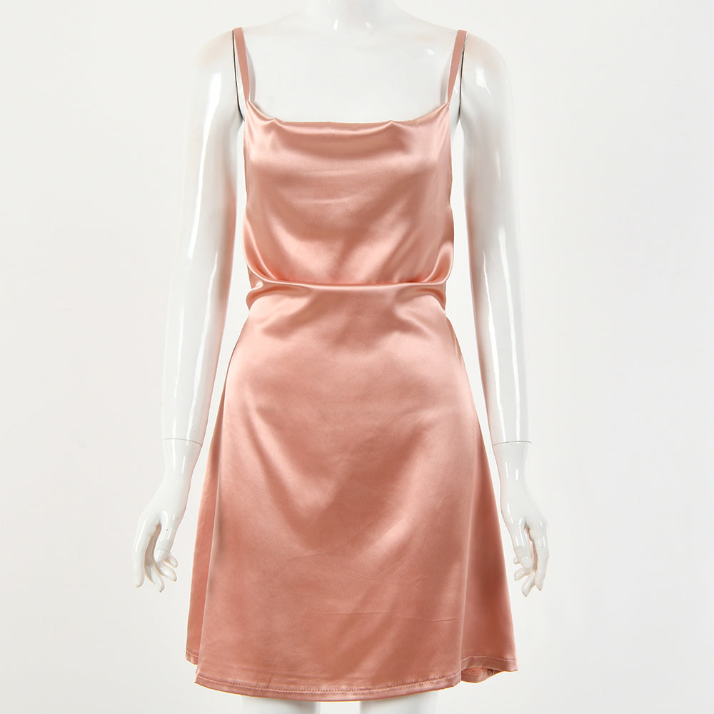 Sexy Cowl Neck Satin Mini Slip Dress Silky drawstring short dress home pajamas