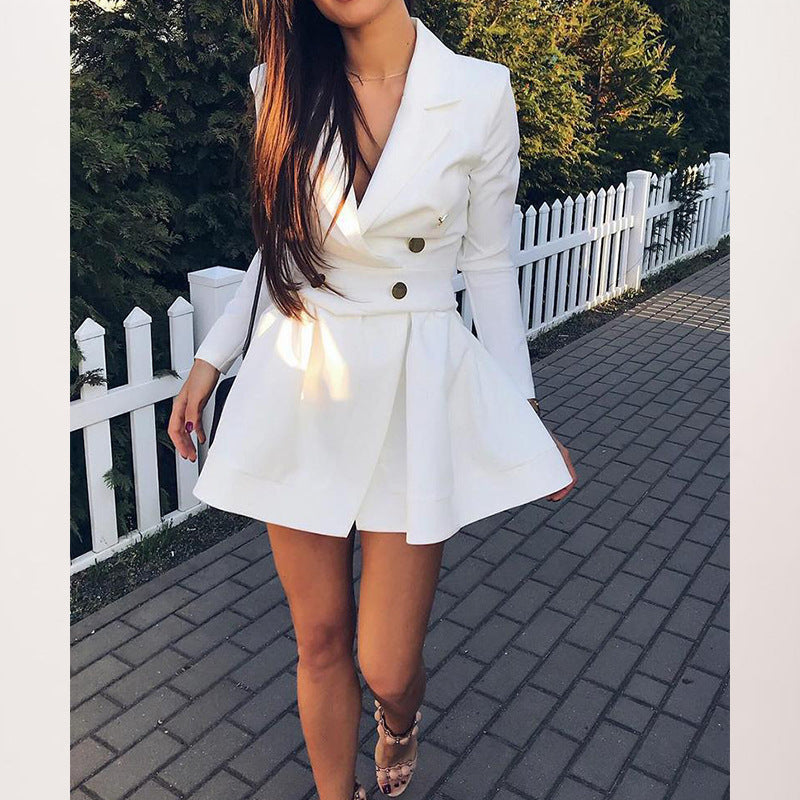 Chic White Double-Breasted Blazer Dress with Pleated Skirt | Elegant Mini Dress