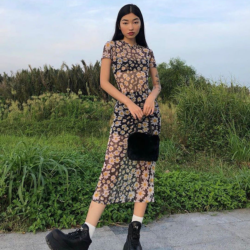 French Retro Slim Mesh See-Through Daisy Dress