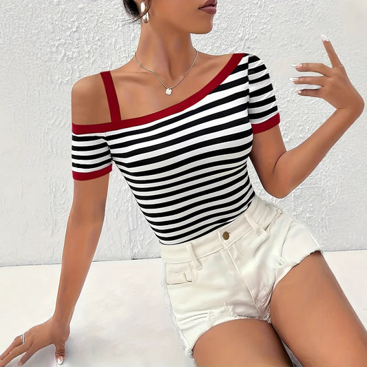 Summer New Contrasting Color Slanted Shoulder Short Sleeved Striped Top