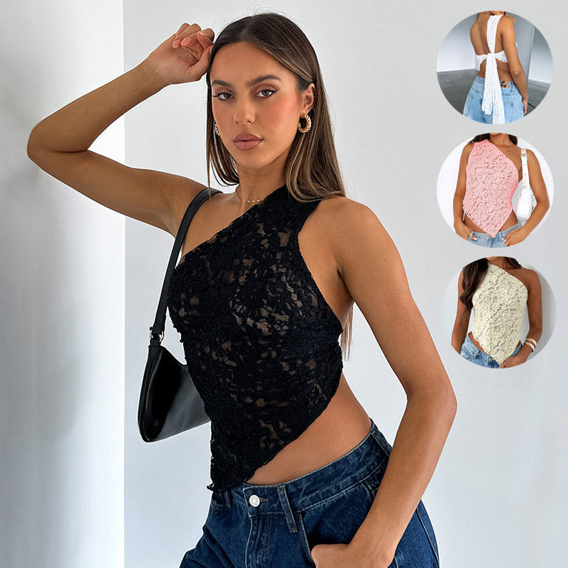 Sexy Tie-Back One-Shoulder Crochet Lace Cami Top Women's Clothes