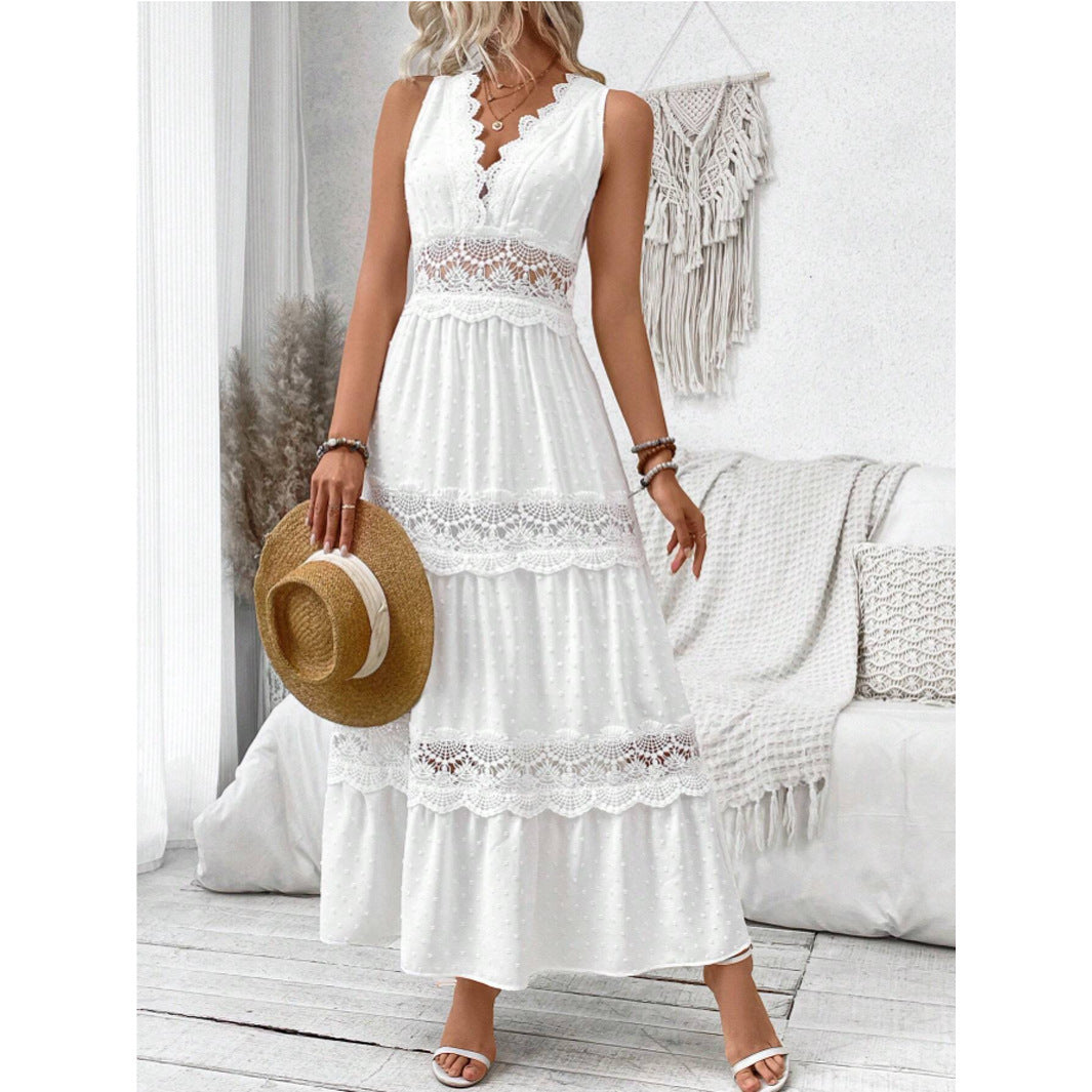Lace Stitching V-neck Sleeveless Dress For Women's