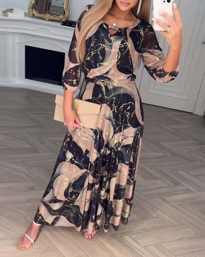 Temperament Elegant Cropped Sleeves Printed Waist-controlled Dress