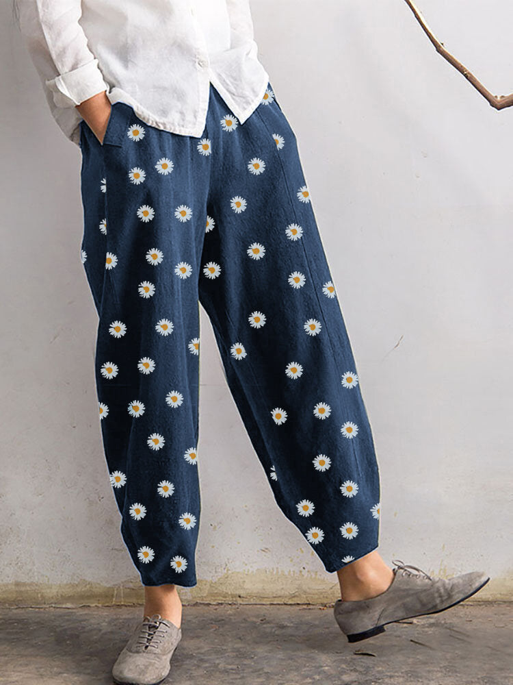 Bloom Ease Linen Pants – Daisy Drop Crotch Comfort Daisy Print Pants