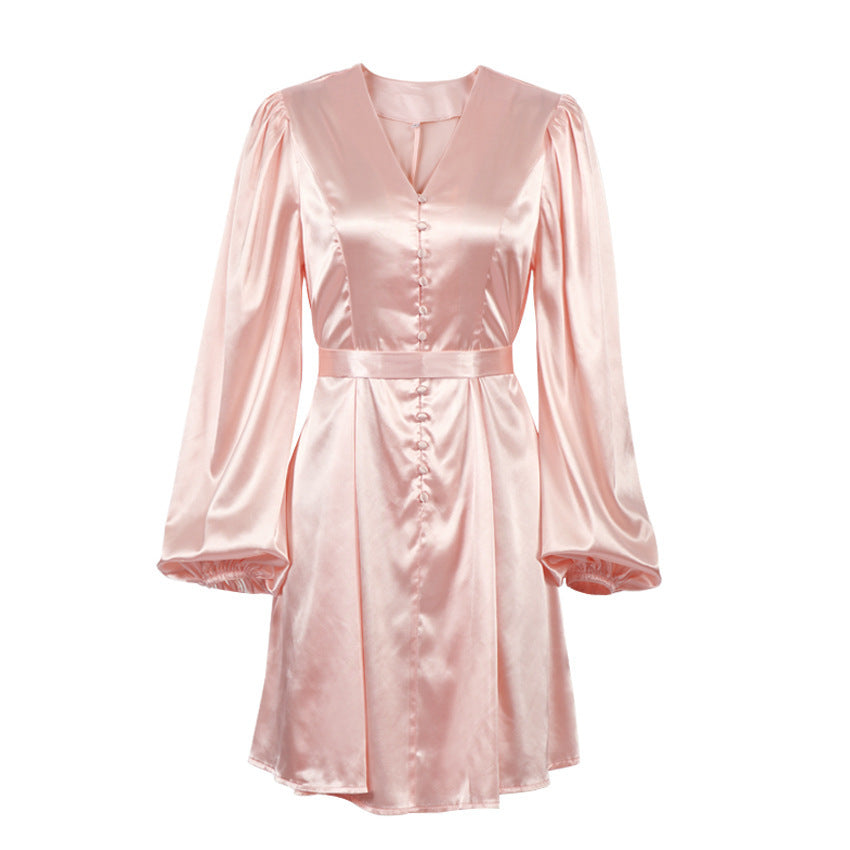 Elegant Pink Satin Mini Dress | V-Neck Puff Long Sleeve Satin Satin V-Neck Temperament Slim Dress
