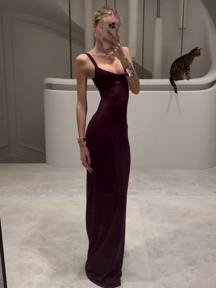 Sophisticated Spaghetti Strap Bodycon Gown Burgundy Mesh Patchwork Suspender Dress