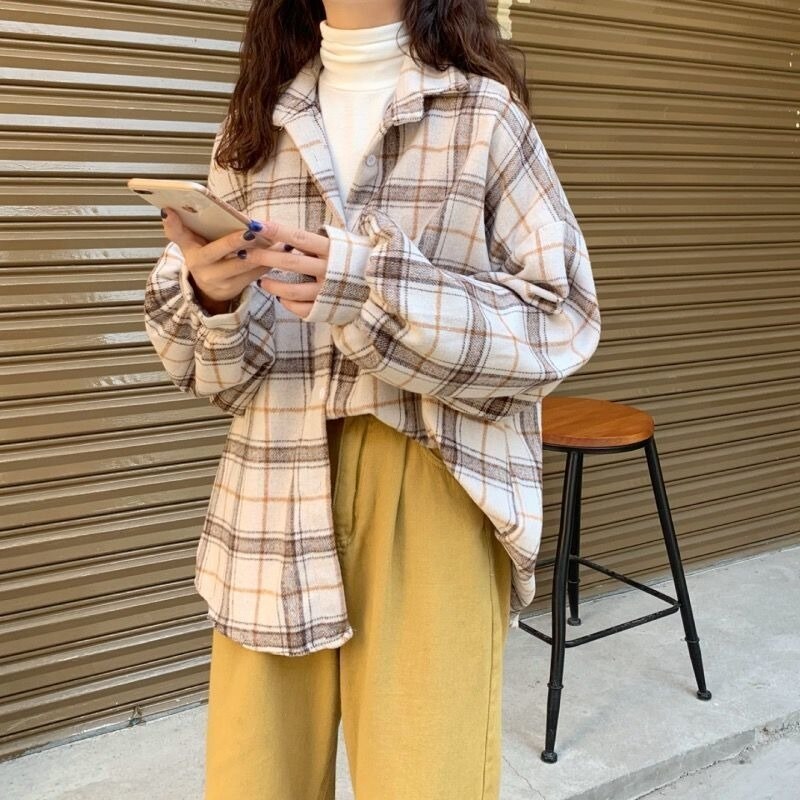 Cozy Plaid Oversized Shirt - Multi-Color Options Korean Style Loose Mid-Length Cardigan Top