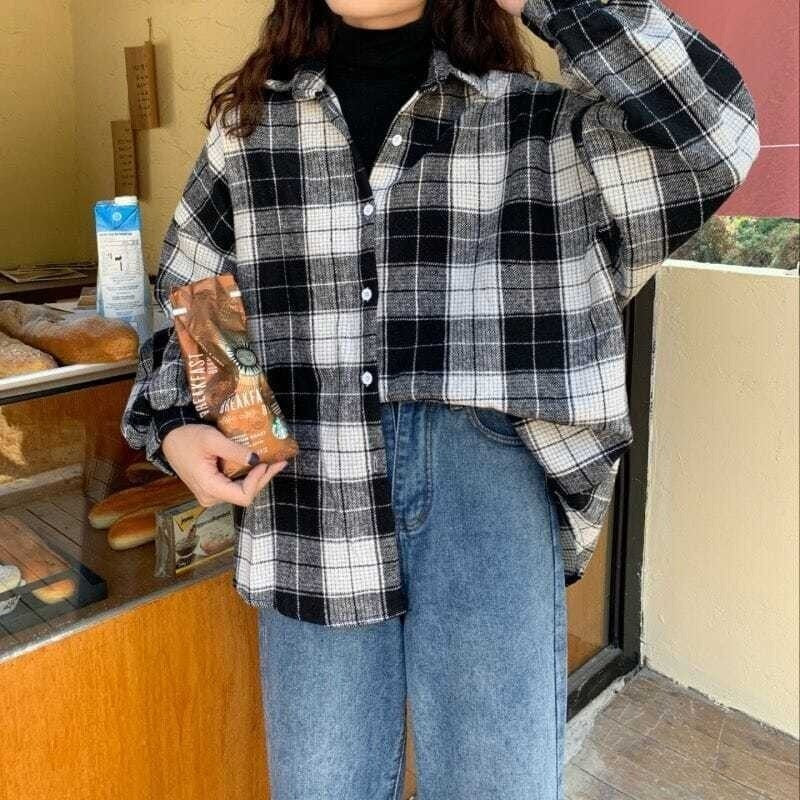 Cozy Plaid Oversized Shirt - Multi-Color Options Korean Style Loose Mid-Length Cardigan Top