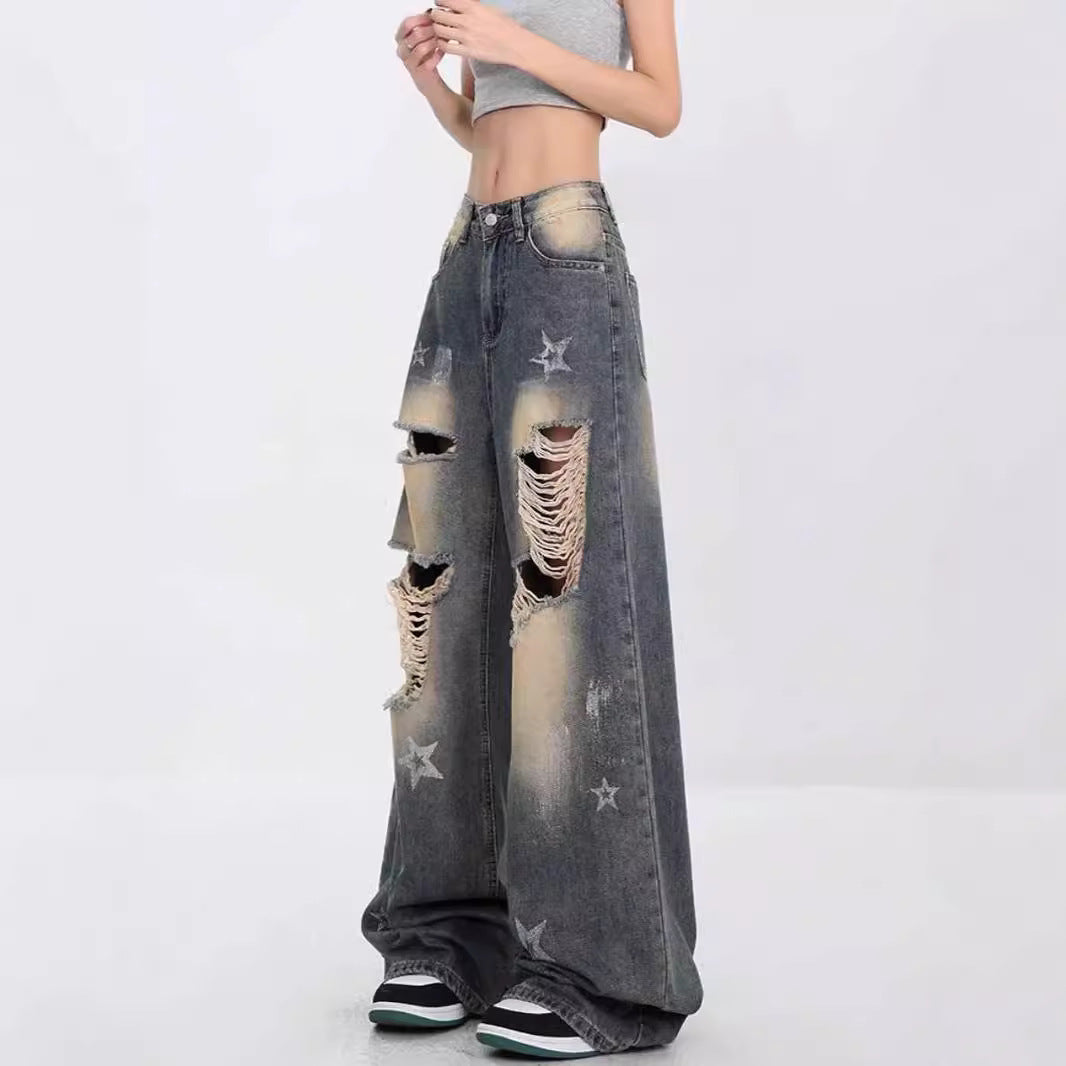 Star Patch Ripped Wide-Leg Jeans – Y2K Grunge Aesthetic Denim for Women High Street Loose American Retro XINGX Ripped Jeans For Women