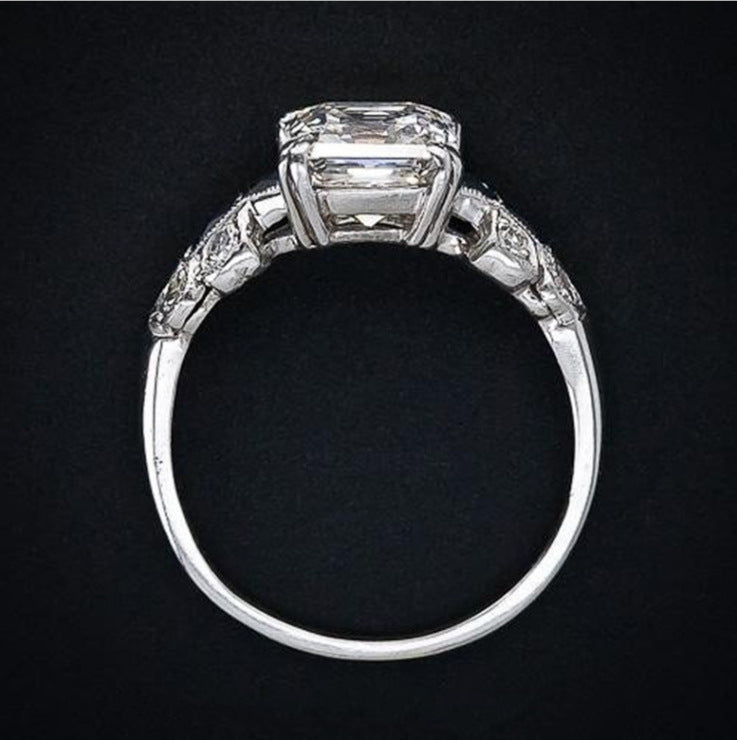 Exquisite Art Deco Asscher Cut Diamond & Sapphire Ring Women's European And American Silver Ring
