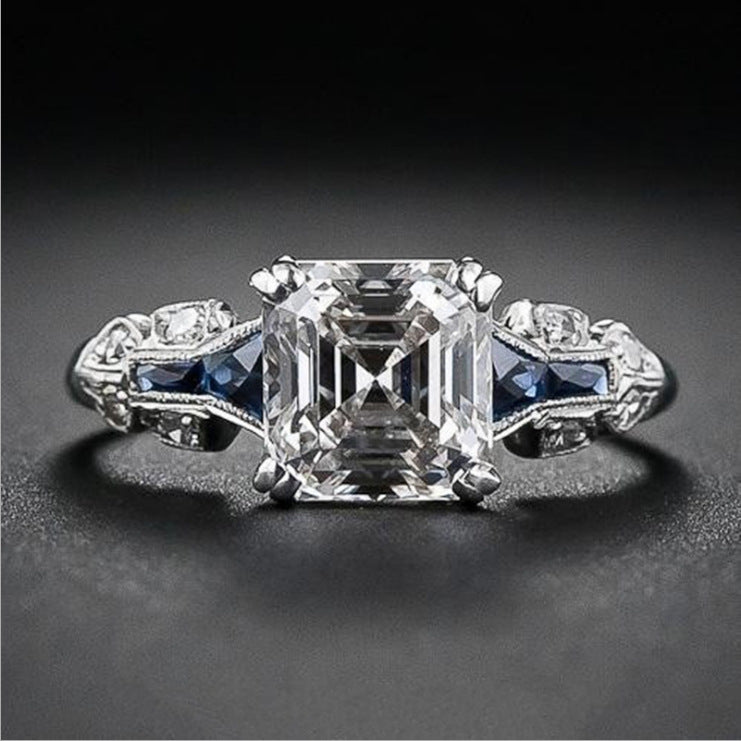 Exquisite Art Deco Asscher Cut Diamond & Sapphire Ring Women's European And American Silver Ring