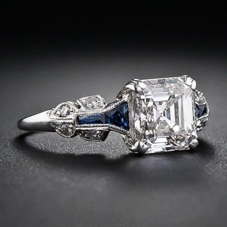 Exquisite Art Deco Asscher Cut Diamond & Sapphire Ring Women's European And American Silver Ring