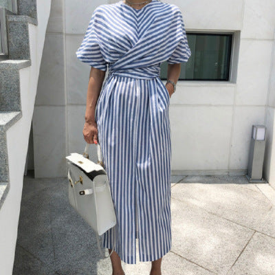Striped cross-tie dress with front slit skirt for Women