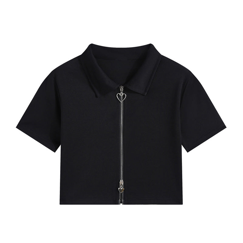 Casual Double Heart Zipper Crop Top For Women's