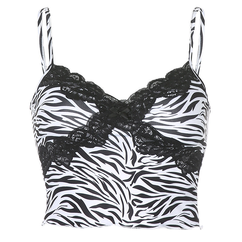 Zebra Print Lace Trim Cami Top – Trendy Y2K Aesthetic Spaghetti Strap Tank for Women Top with halter top and sexy top with zebra print vest